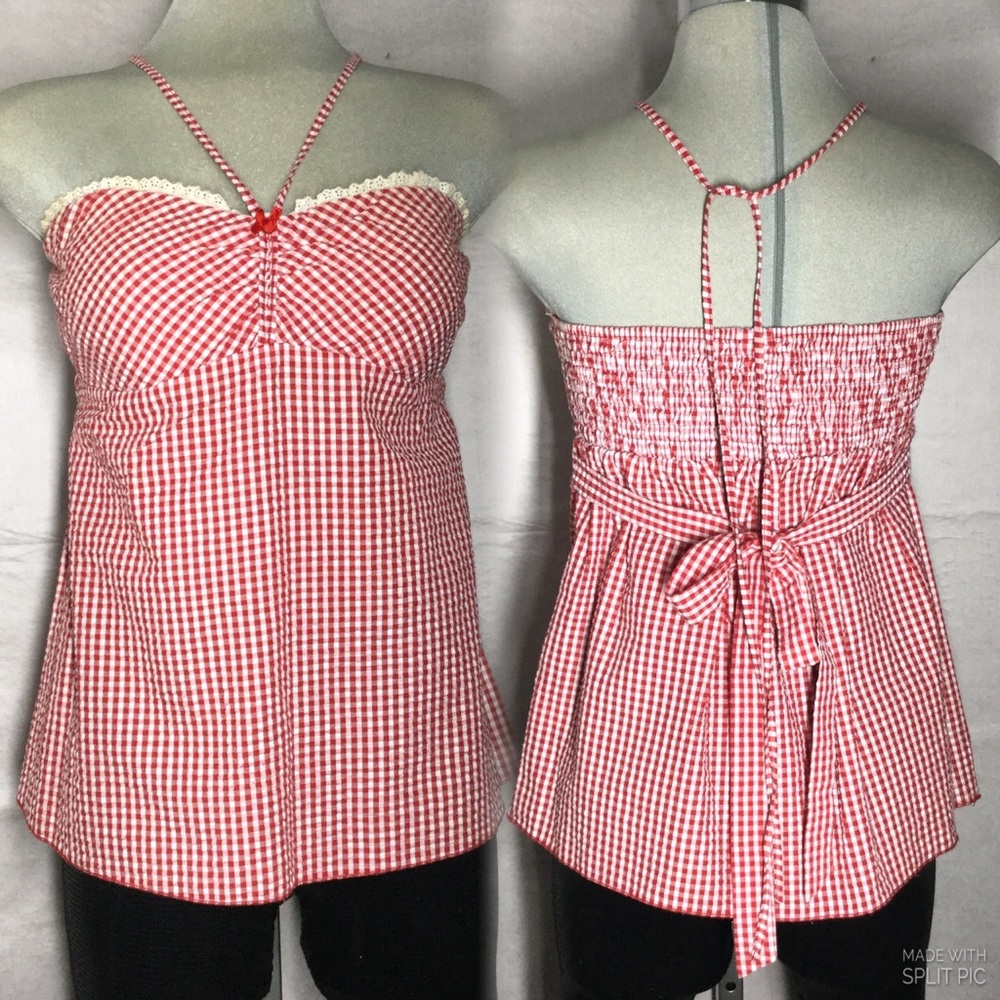 RENNE Luxury plaid red and white 100%Cotton Strapless top size M